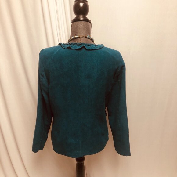Susan Graver Jacket Womens Size Small Teal Green Zippered Ruffle Collar Blazer - Picture 4 of 6